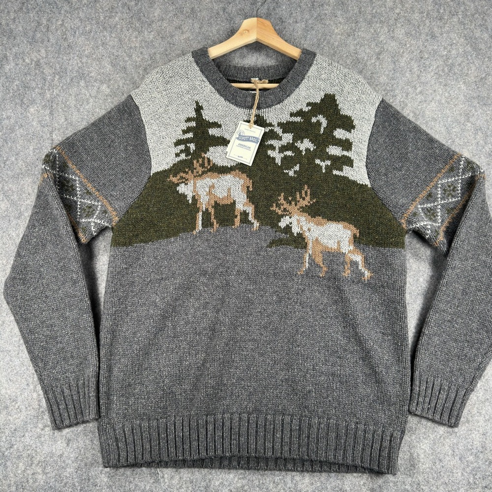 Schott‎ Bros Moose Sweater Mens Large Gray Wool Nylon Crewneck Heavyweight